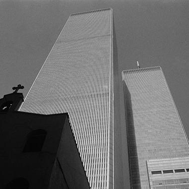 A black-and-white photo of the twin towers by Steve Harvey